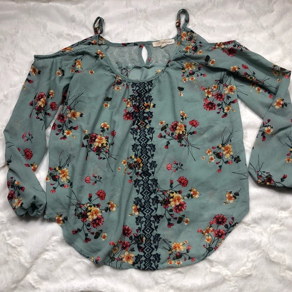 Rewind Green Floral Cold Shouldered Blouse with Lace Backing size Small - Picture 2 of 6